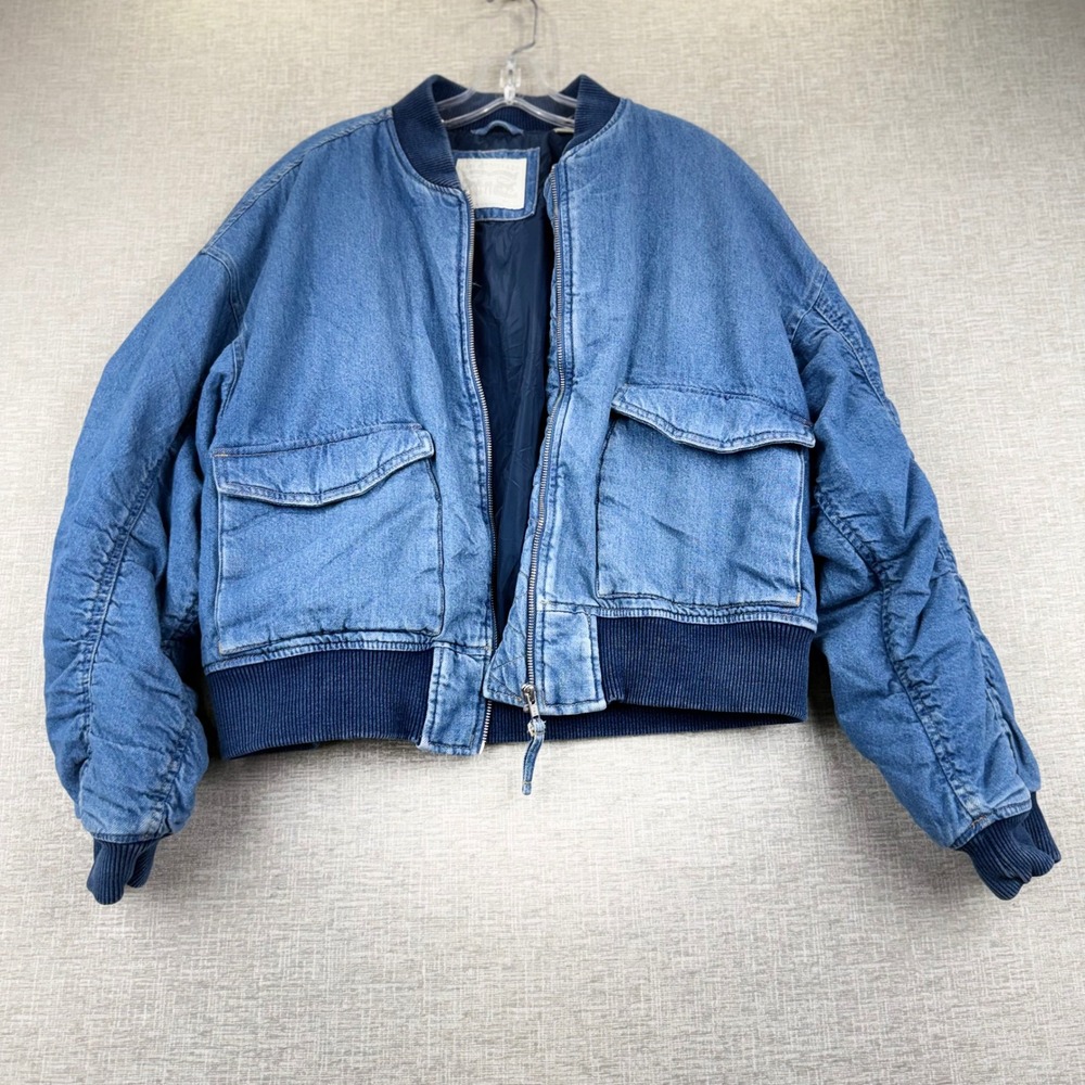 Levis Denim Bomber Jacket Mens Large Blue Quilted Zip Up Flight Jacket L